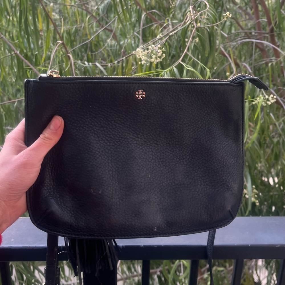 Tory Burch Black Pebbled Leather Crossbody with Gold Logo
